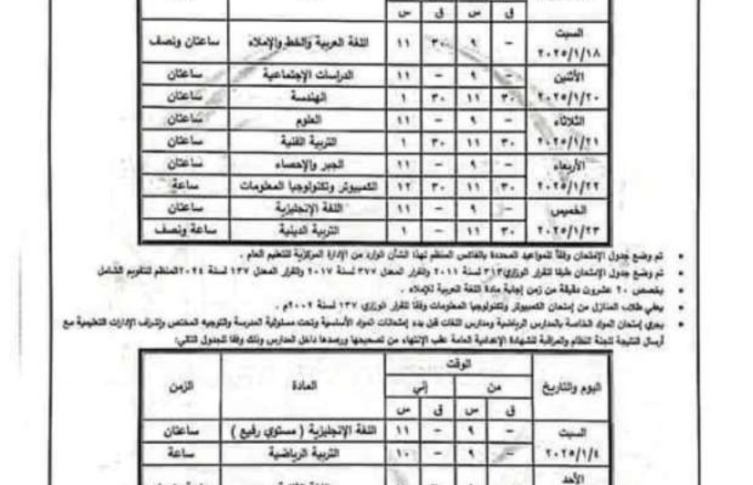 جدول امتحانات الترم الاول محافظة المنيا