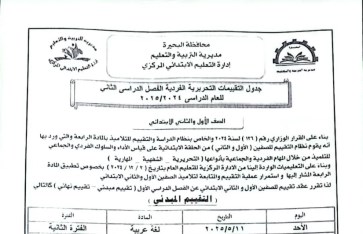 جدول امتحانات الصفين الأول والثاني الابتدائي 