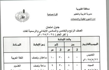 جدول امتحانات الصف الرابع الابتدائي 