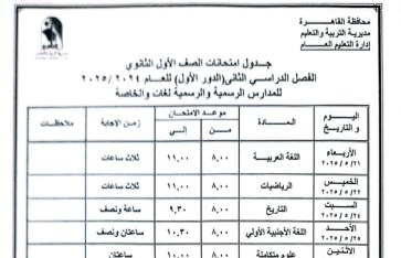 جدول امتحانات الصف الأول الثانوي 