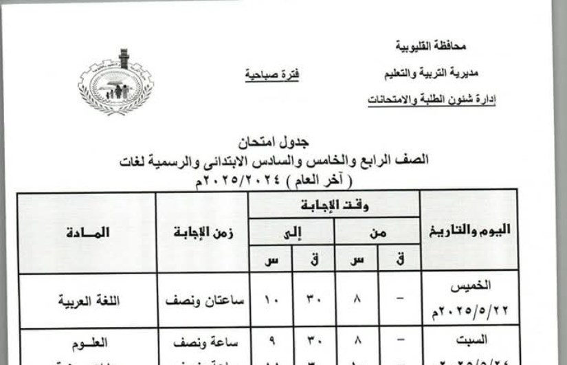 جدول امتحانات الصف الرابع الابتدائي جدول امتحانات الصف الرابع الابتدائي