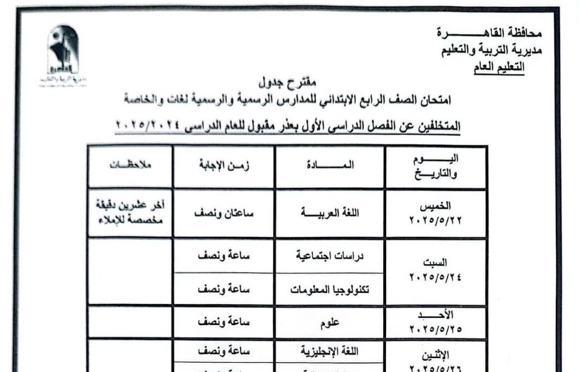 جدول امتحانات الصف الرابع الابتدائي جدول امتحانات الصف الرابع الابتدائي