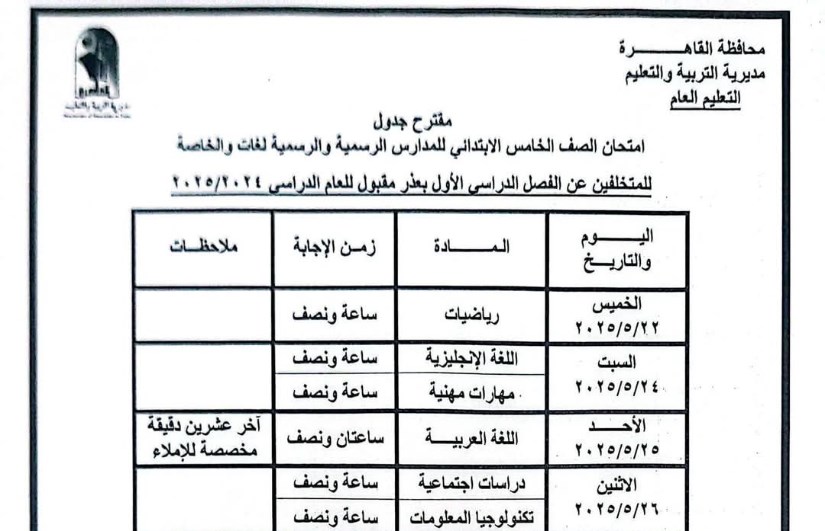 جدول امتحانات الصف الخامس الابتدائي جدول امتحانات الصف الخامس الابتدائي
