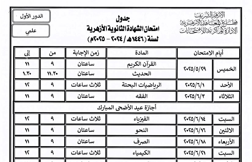 جدول امتحانات الشهادة الثانوية الأزهرية 2025 جدول امتحانات الشهادة الثانوية الأزهرية 2025