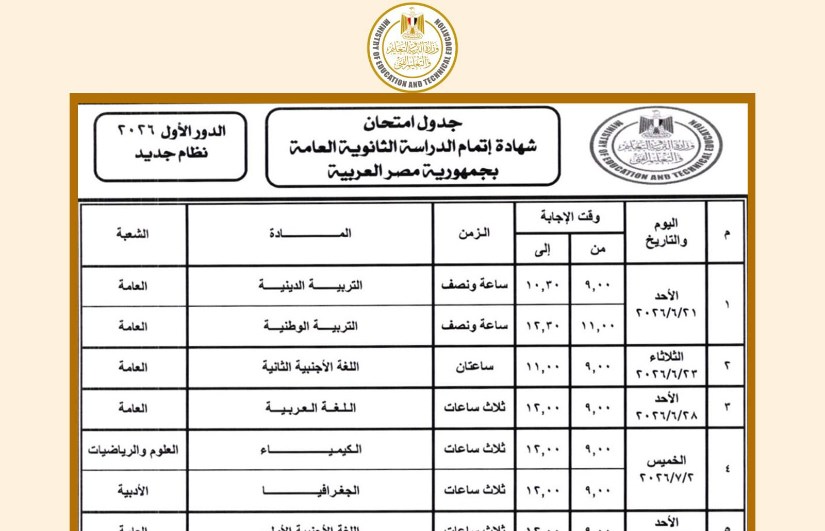 جدول امتحانات الثانوية العامة 