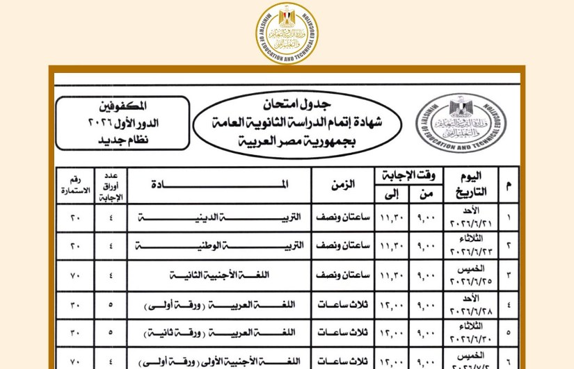 جدول امتحانات الثانوية العامة للمكفوفين